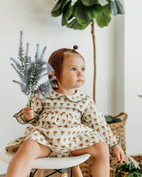 Ina Block Print Floral Linen Baby Dress & Bloomer Set (Mustard Floral)