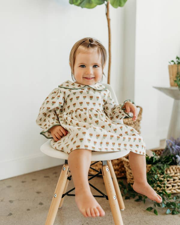 Ina Block Print Floral Linen Baby Dress & Bloomer Set (Mustard Floral)