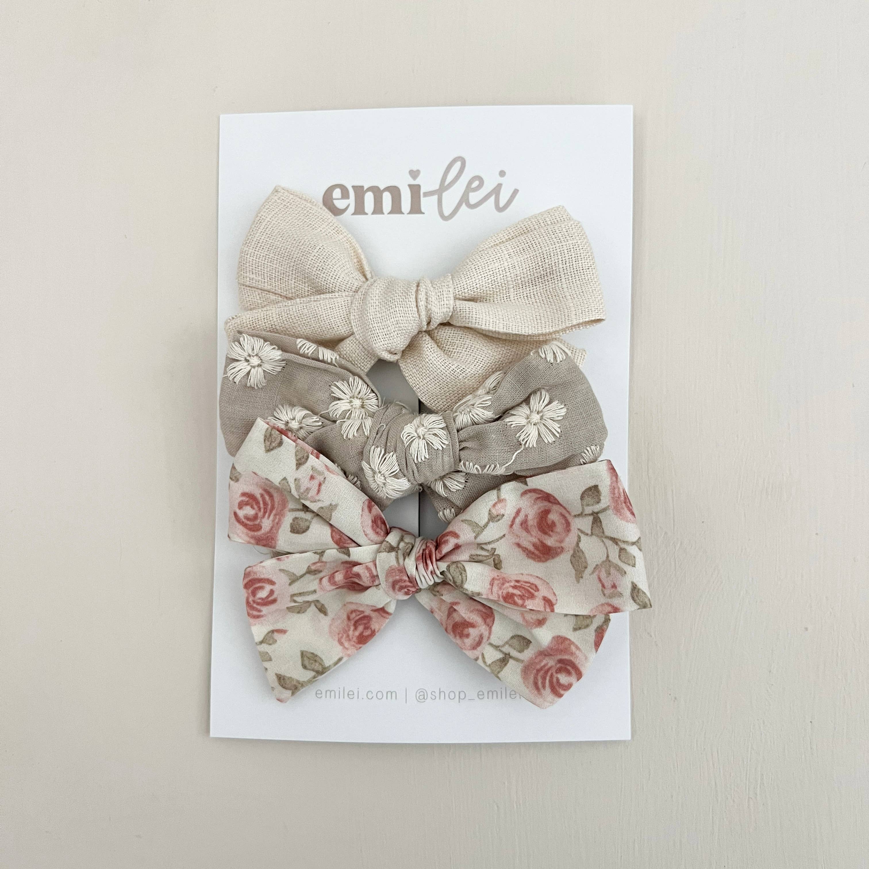 Alligator Clip Bow Set (3 Pack in Cream Linen, Rose and Embroidered Floral)