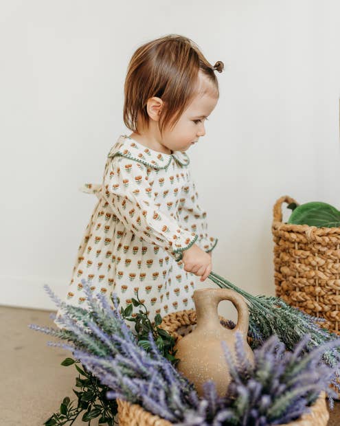 Ina Block Print Floral Linen Baby Dress & Bloomer Set (Mustard Floral)