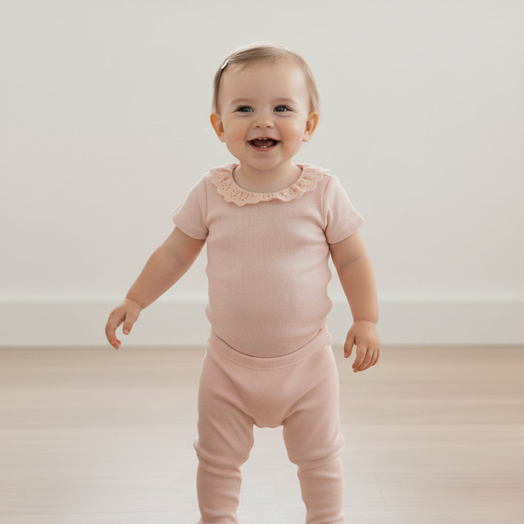Organic Lace Collar Onesie & Tights Set (Blush)