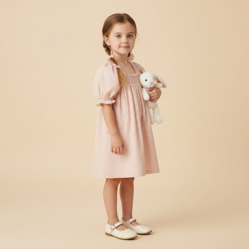Organic Eyelet Bubble Sleeve Dress (Blush Eyelet)