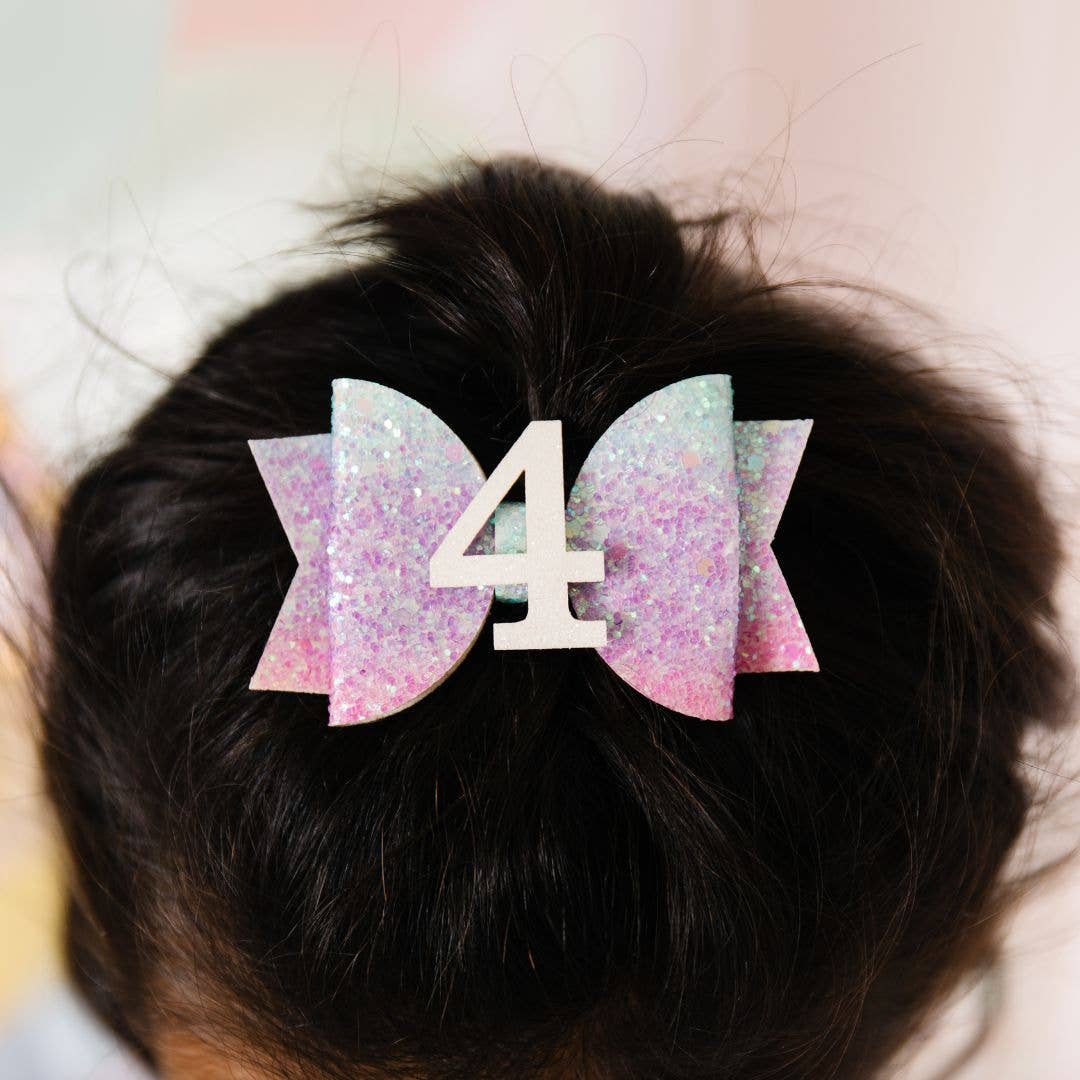 4th Birthday Bow Hair Clip (Pastel Rainbow)