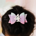 4th Birthday Bow Hair Clip (Pastel Rainbow)