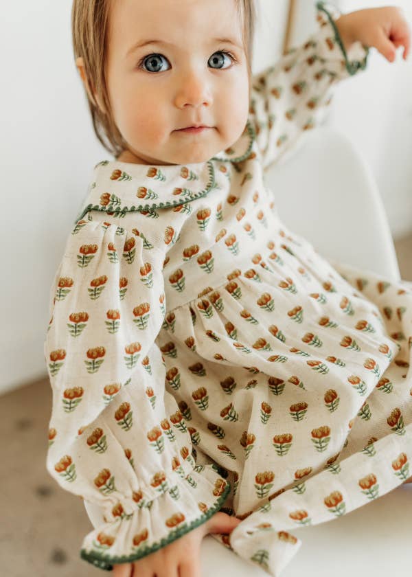 Ina Block Print Floral Linen Baby Dress & Bloomer Set (Mustard Floral)
