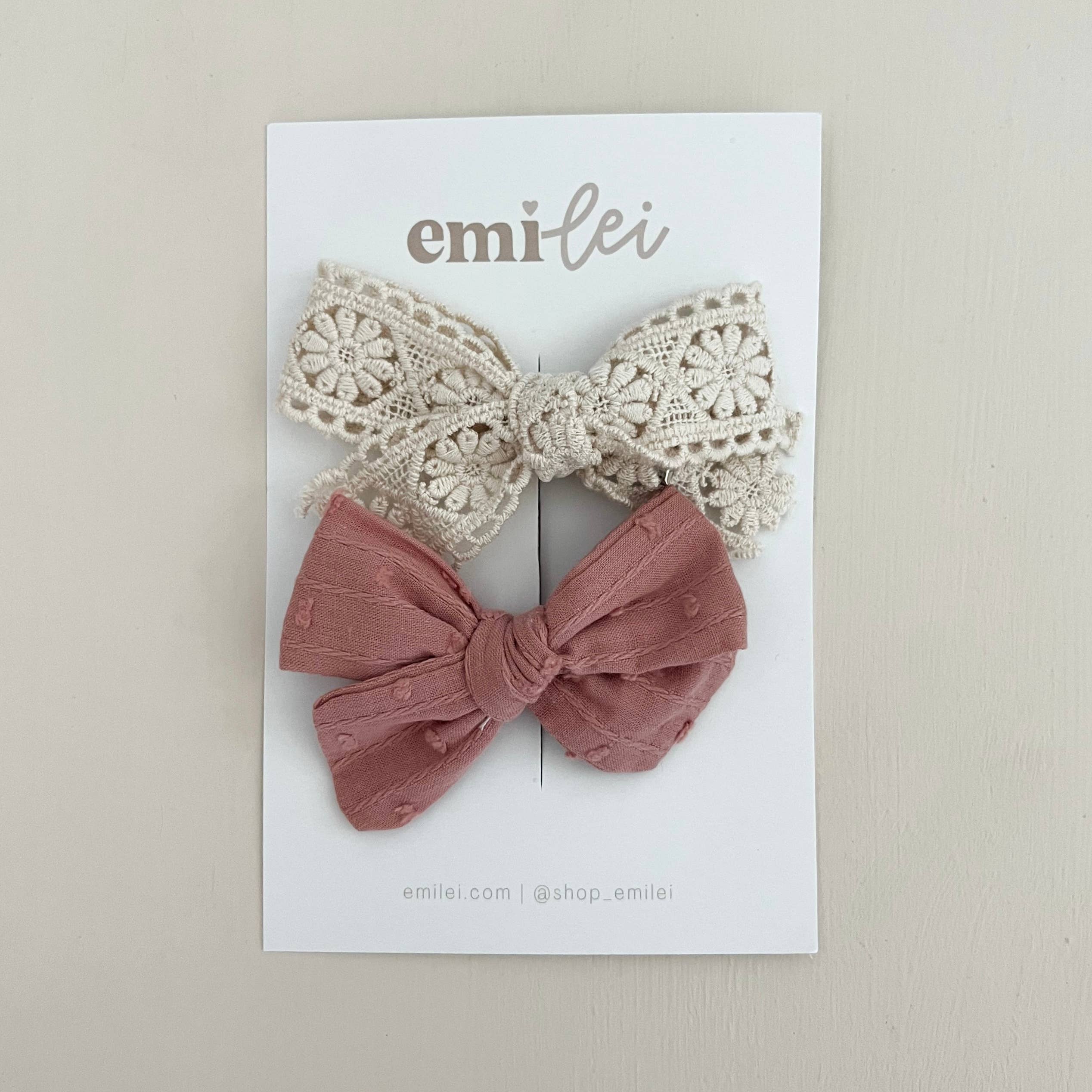 Alligator Clip Bow Set (Cream Lace/Pink)