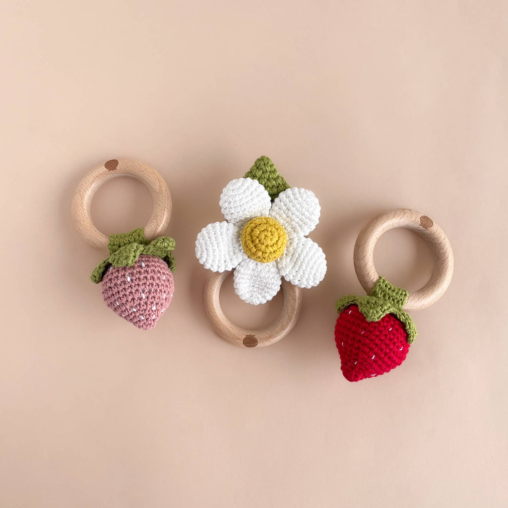 Teether Crochet Rattle Toy (Strawberry Pink)