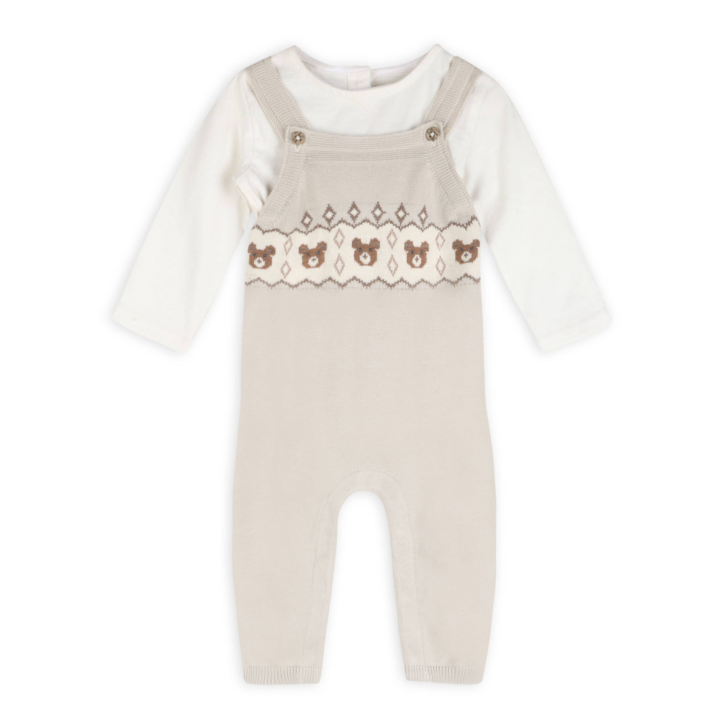 Bear Fair Isle Knit Baby Overall Set (Stone)