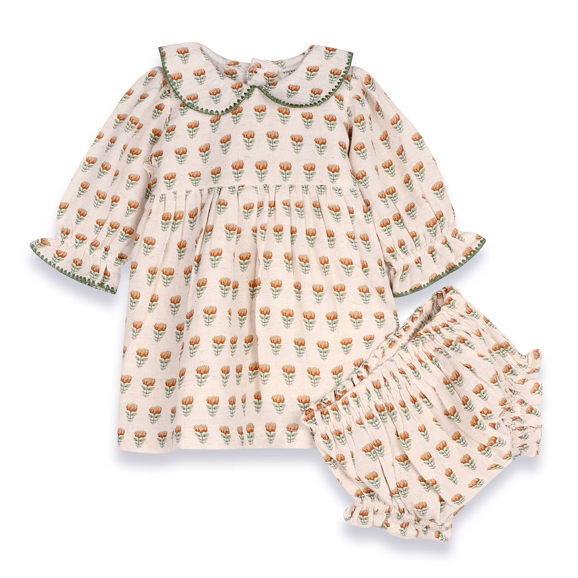 Ina Block Print Floral Linen Baby Dress & Bloomer Set (Mustard Floral)