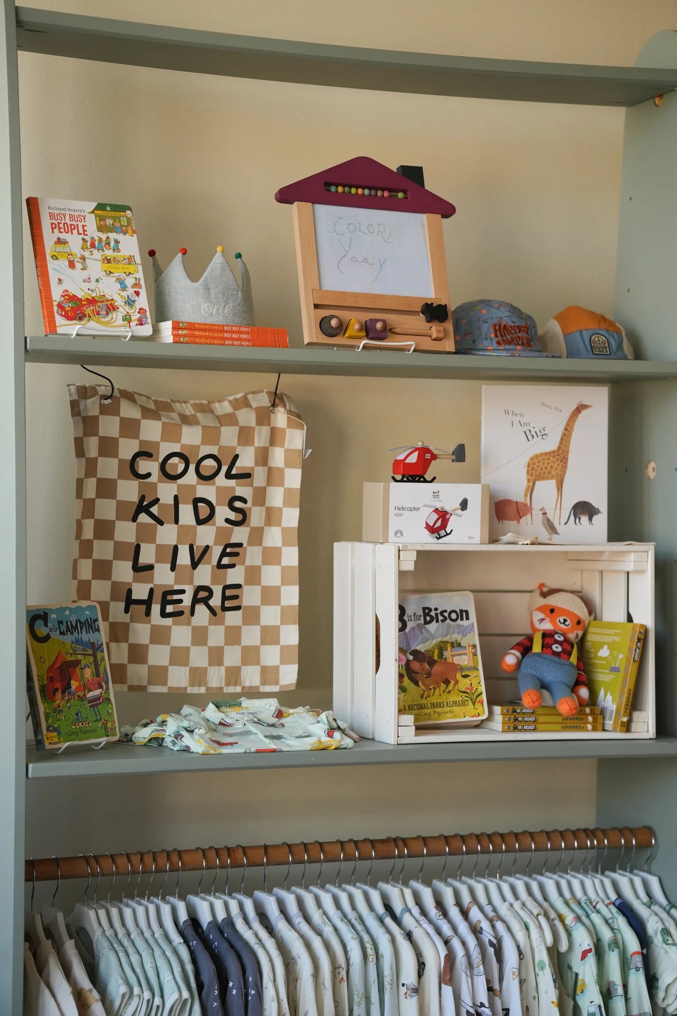 Broomtail store shelving showcasing a collection of unique baby and kids gifts 