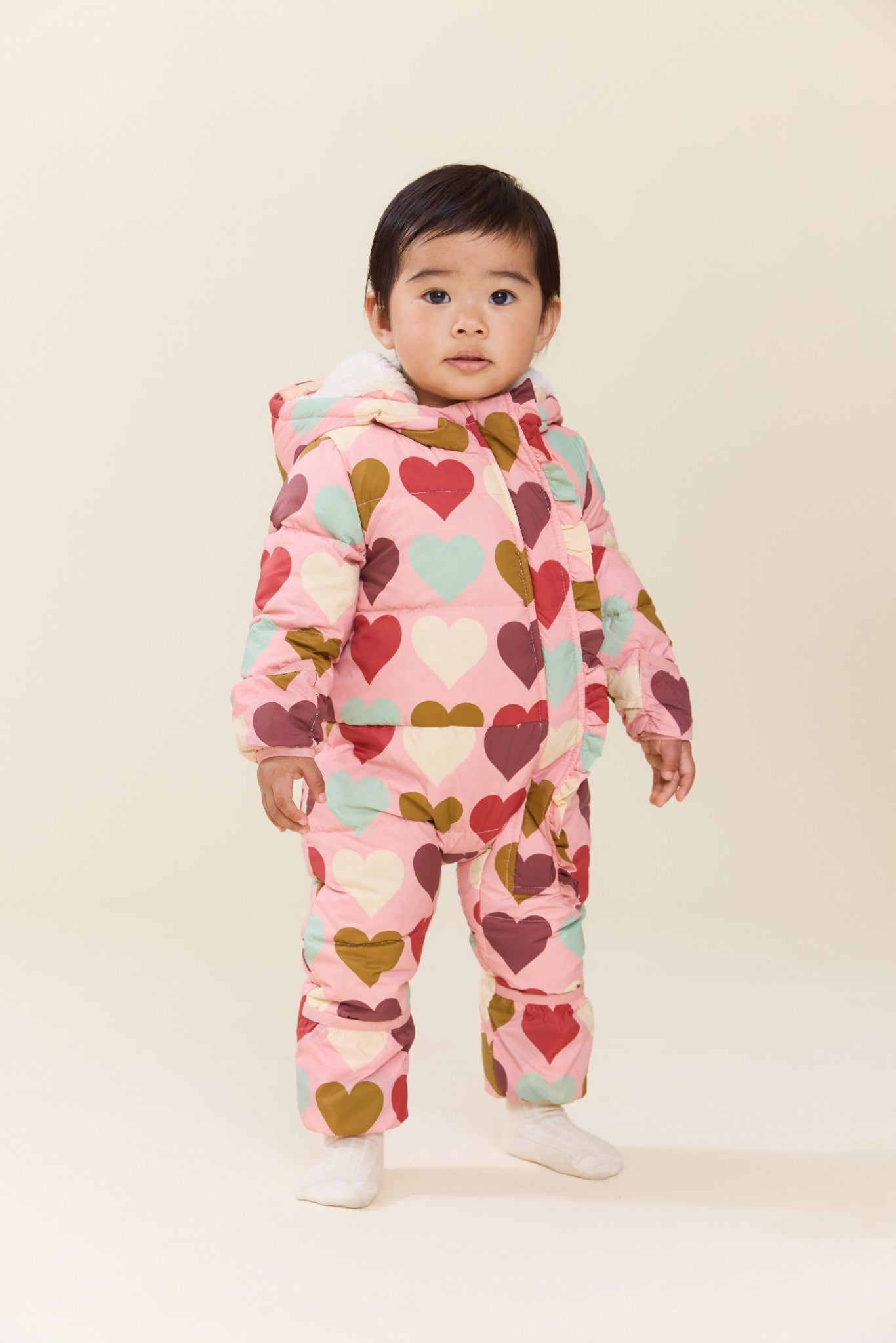 Baby Girls Ruffle Snowsuit (Multi Harvest Hearts)