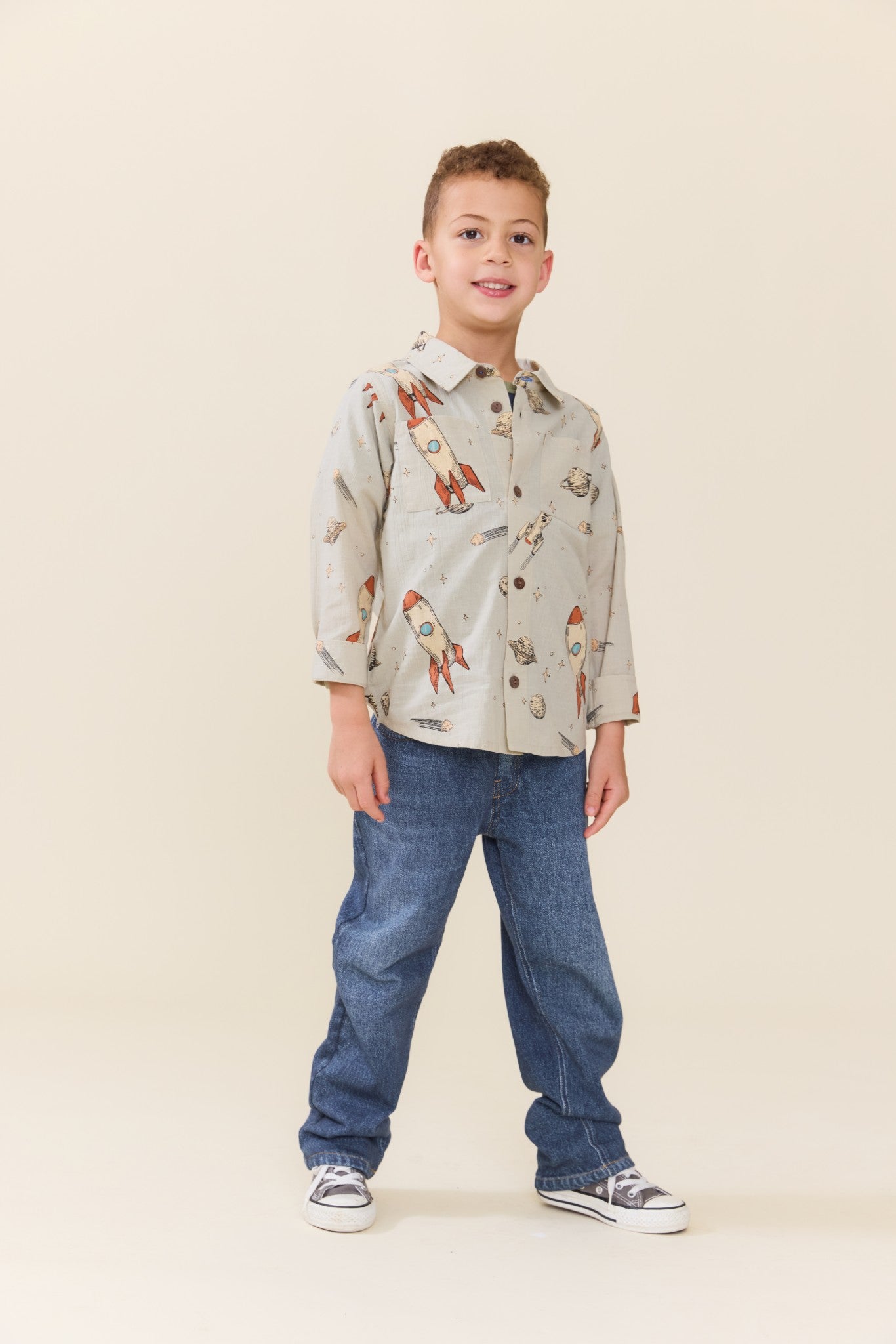 Boys Long Sleeve Jack Shirt (Space Rocket)