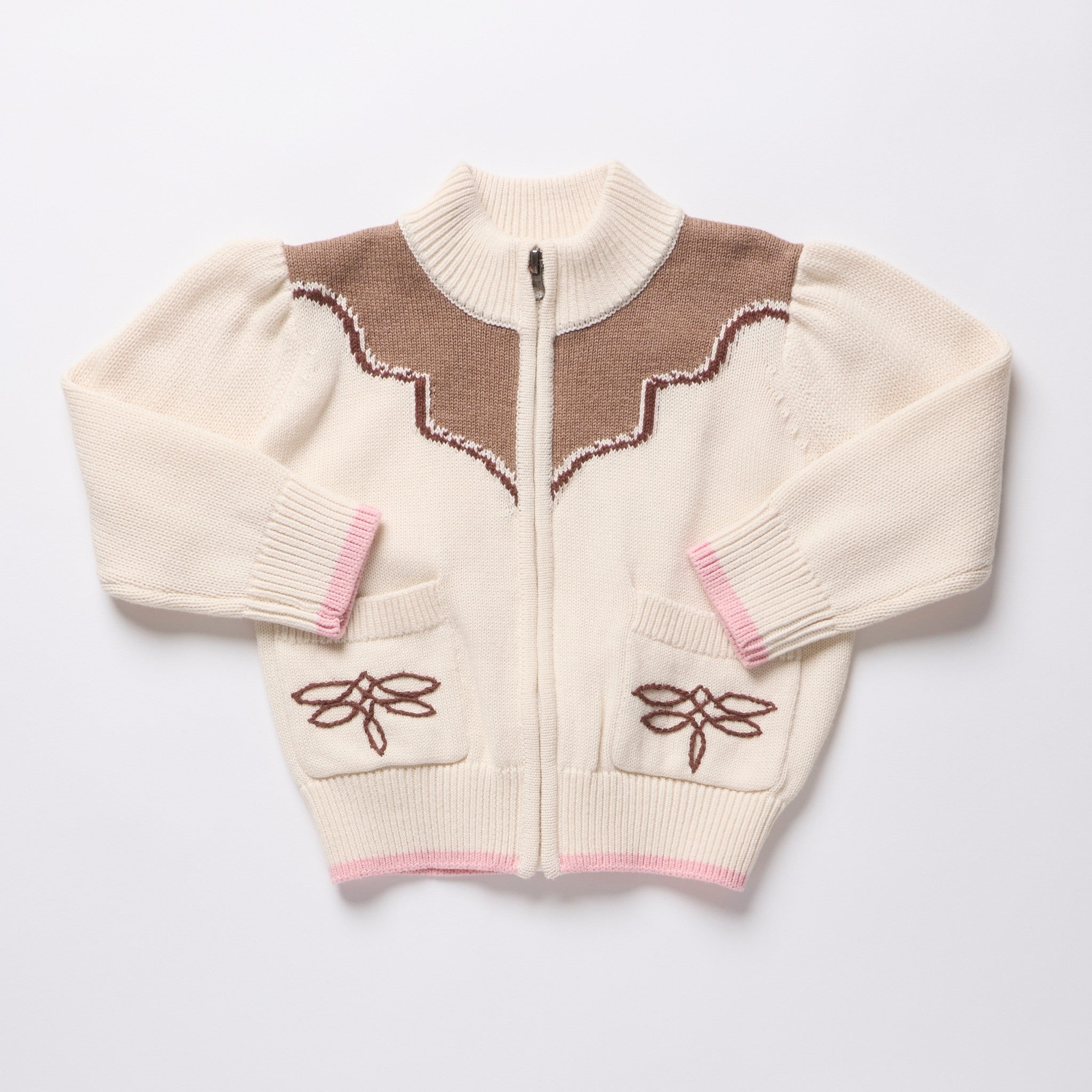 Girls Western Zip Sweater (Cream and Brown)