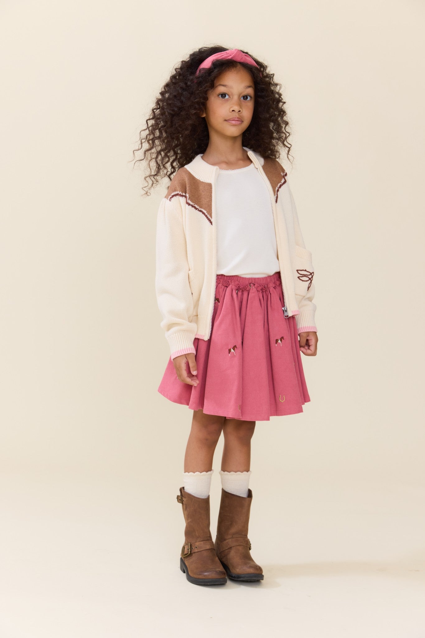 Girls Western Zip Sweater (Cream and Brown)