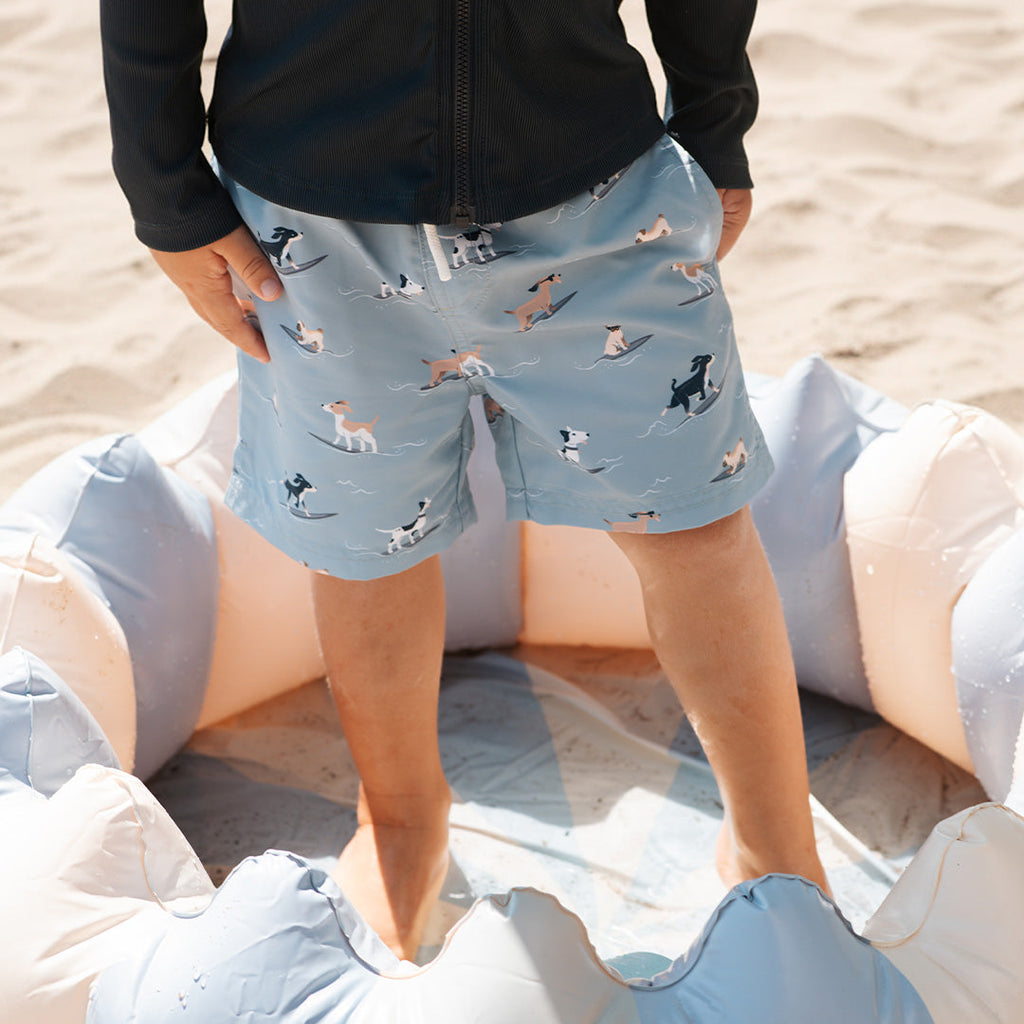 Surfing Pups Print on Blue Swim Trunks