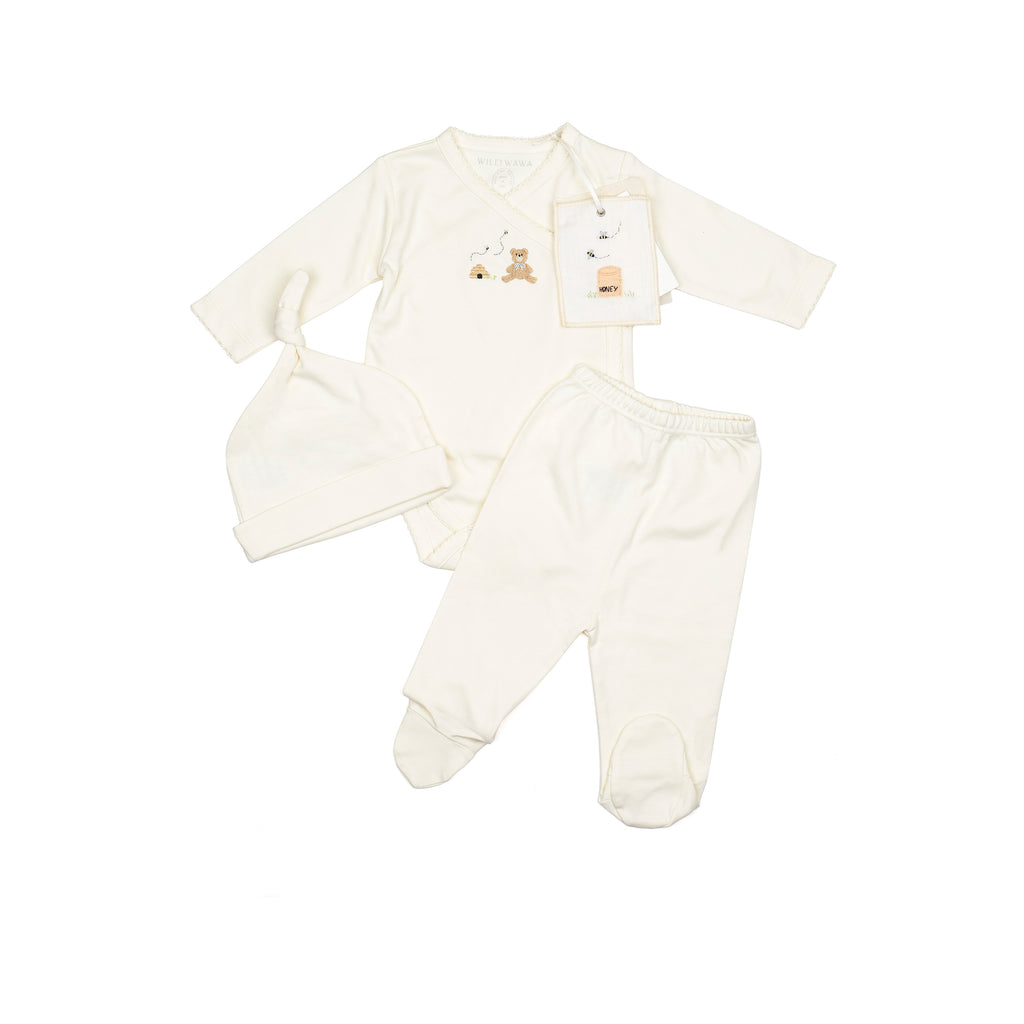 Embroidered Three Piece Take Home Set (Pearl/Honey Bear)