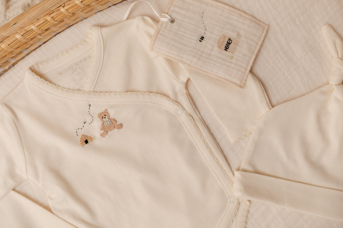 Embroidered Three Piece Take Home Set (Pearl/Honey Bear)
