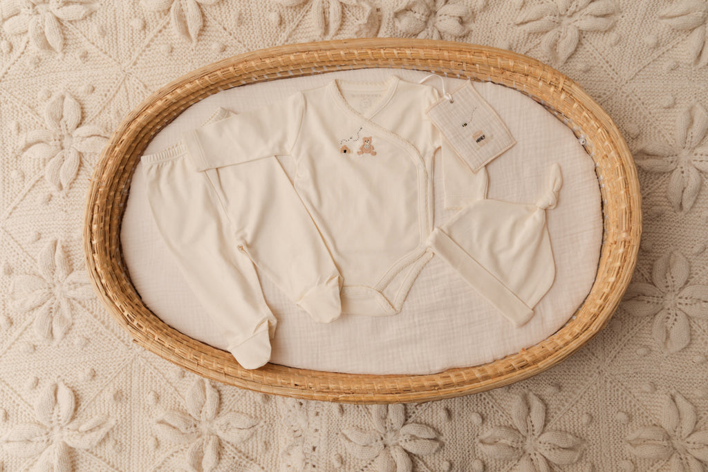 Embroidered Three Piece Take Home Set (Pearl/Honey Bear)