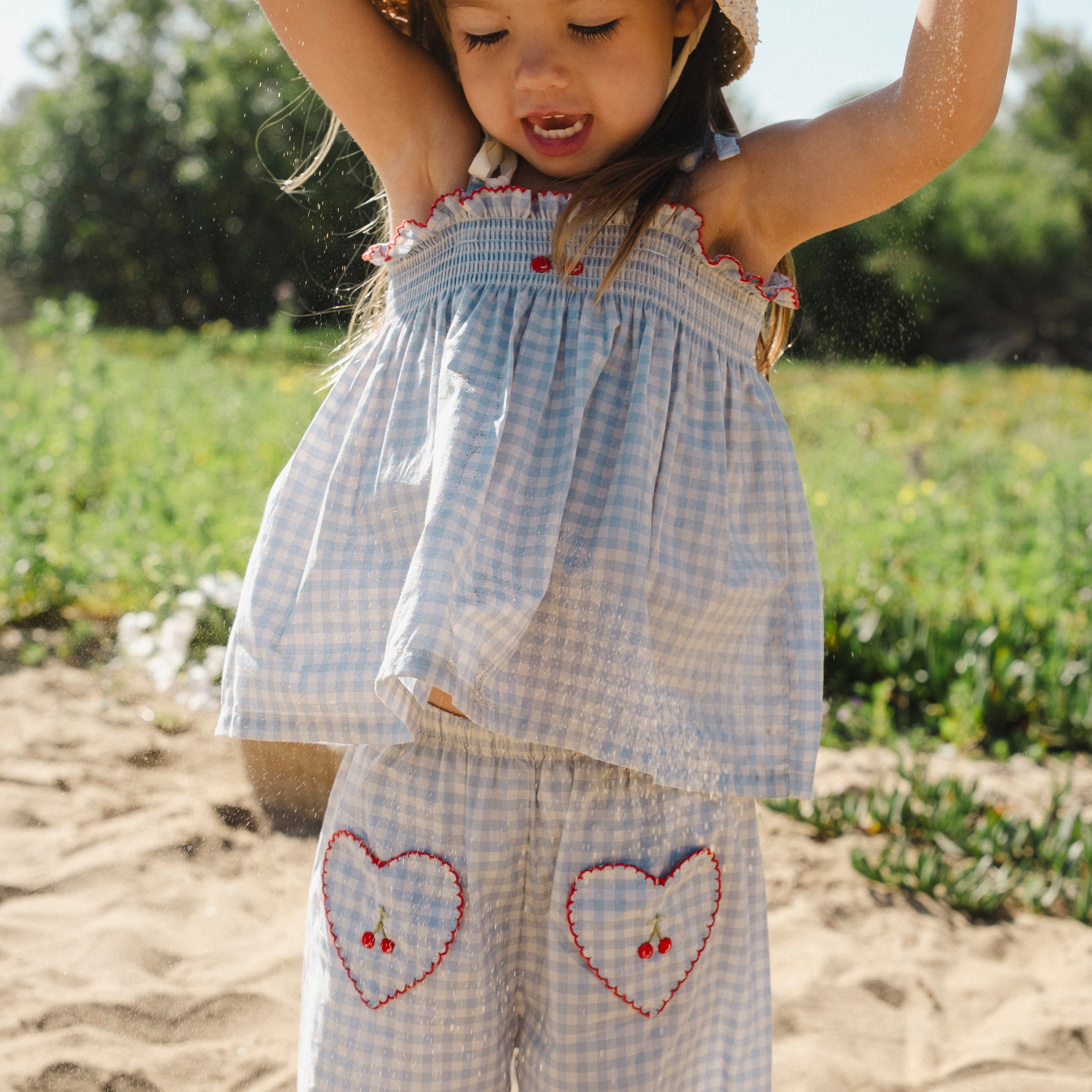 Ruffle Pant Set (Blue Gingham/Cherry)