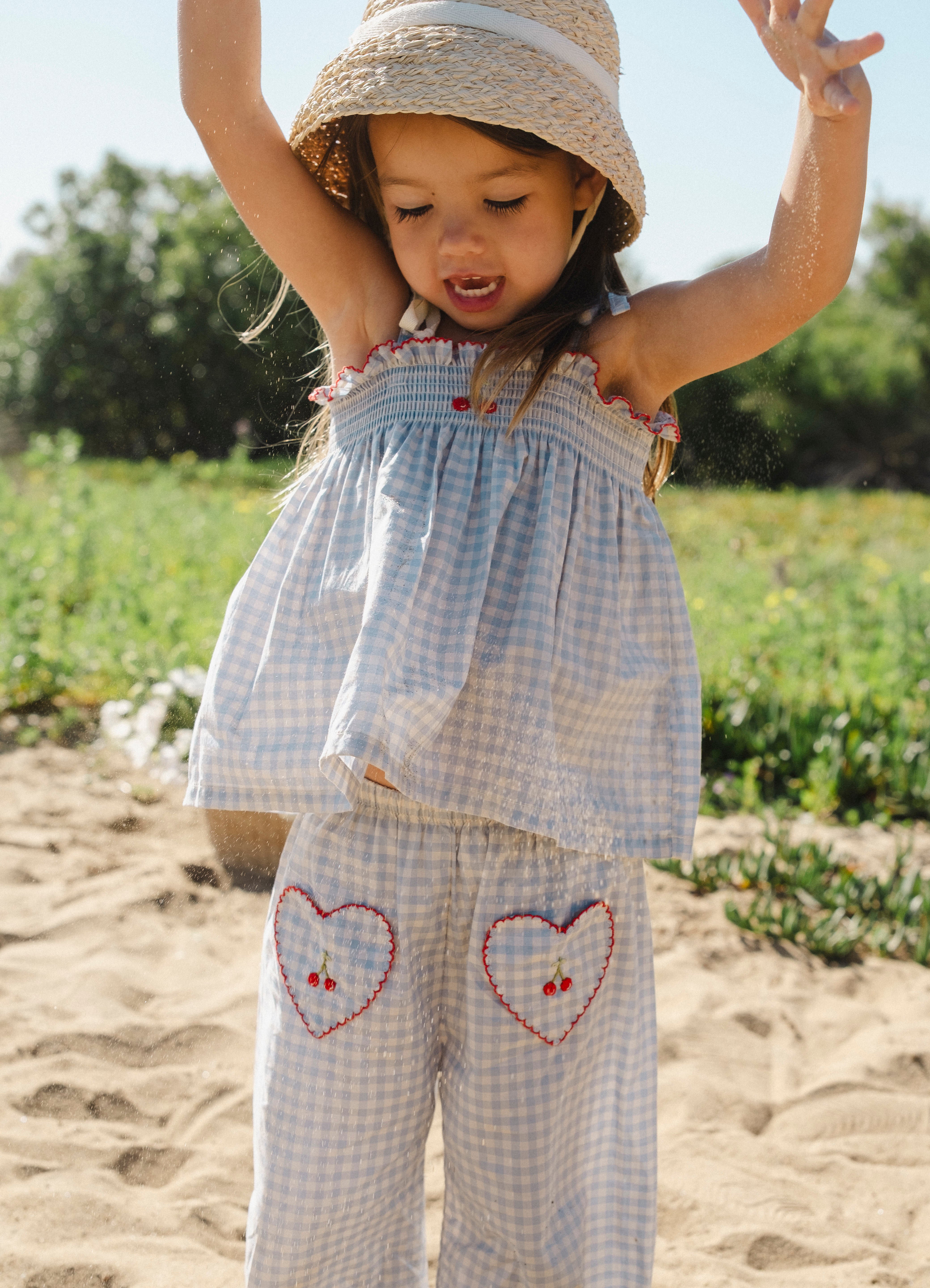 Ruffle Pant Set (Blue Gingham/Cherry)
