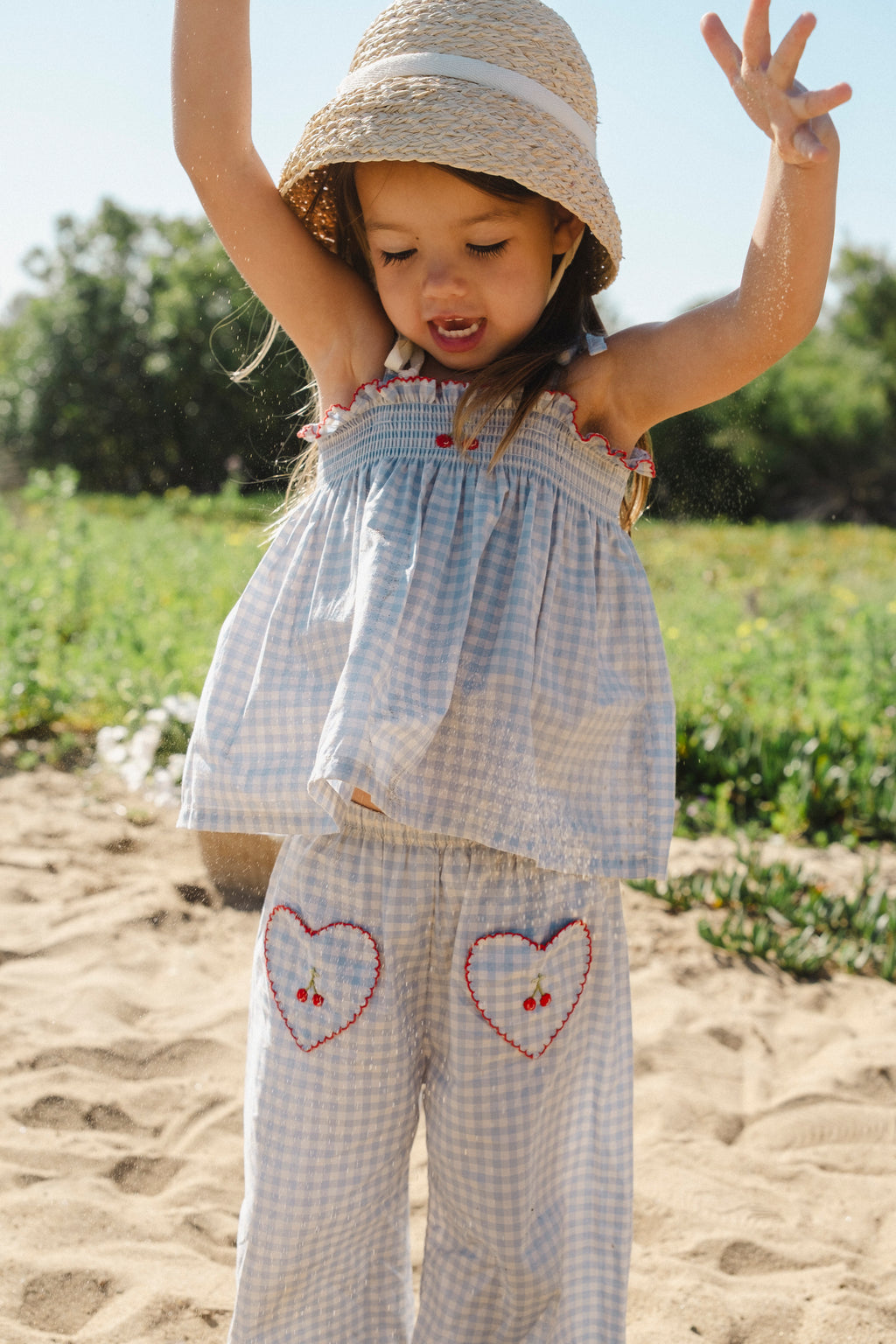 Ruffle Pant Set (Blue Gingham/Cherry)